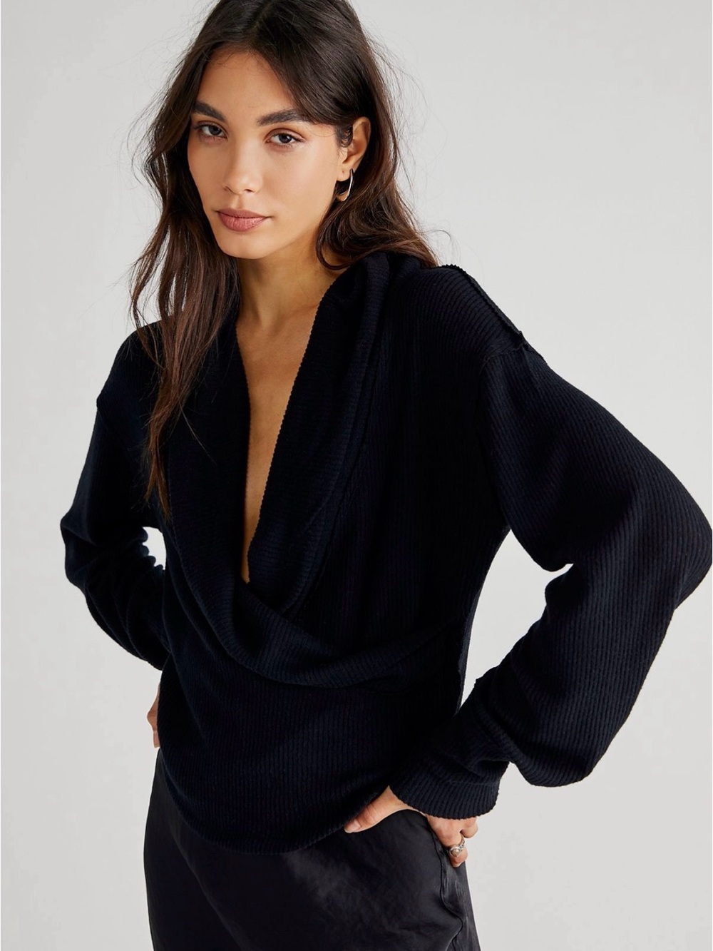 Free People Black Ribbed Cowl-Neck Sweater